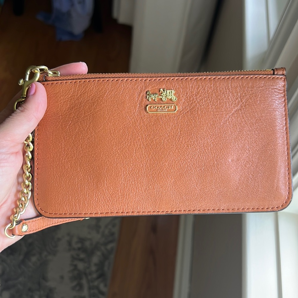 Coach Brown Wristlet With Gold Chain, barely used.